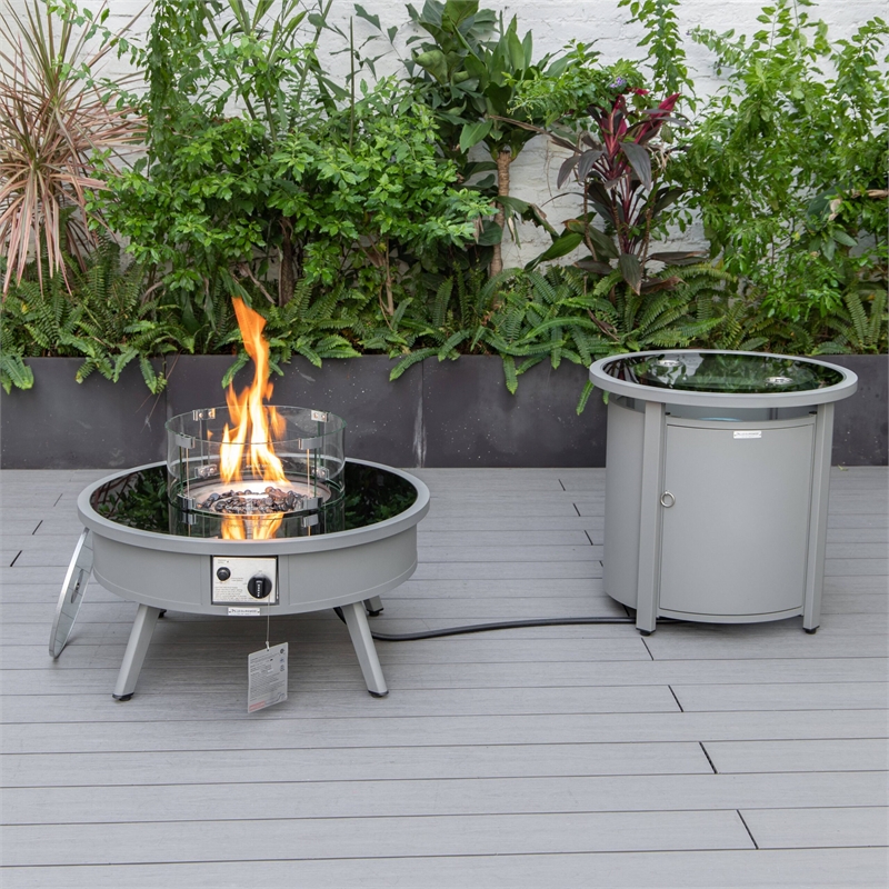 LeisureMod Walbrooke Round Patio Aluminum Fire Pit Table and Tank Holder Gray