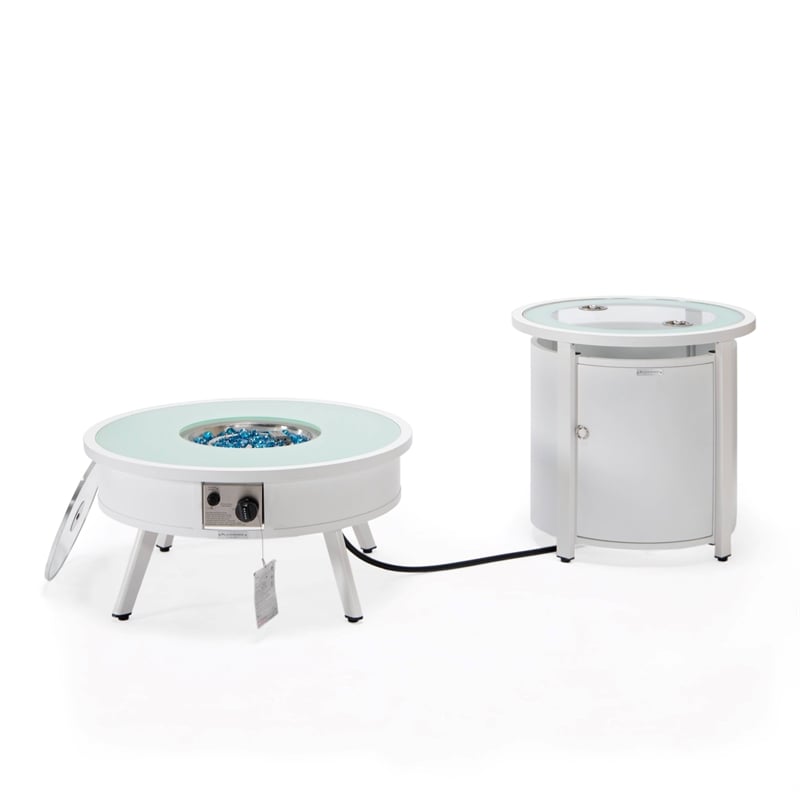 LeisureMod Walbrooke Round Patio Aluminum Fire Pit Table and Tank Holder White