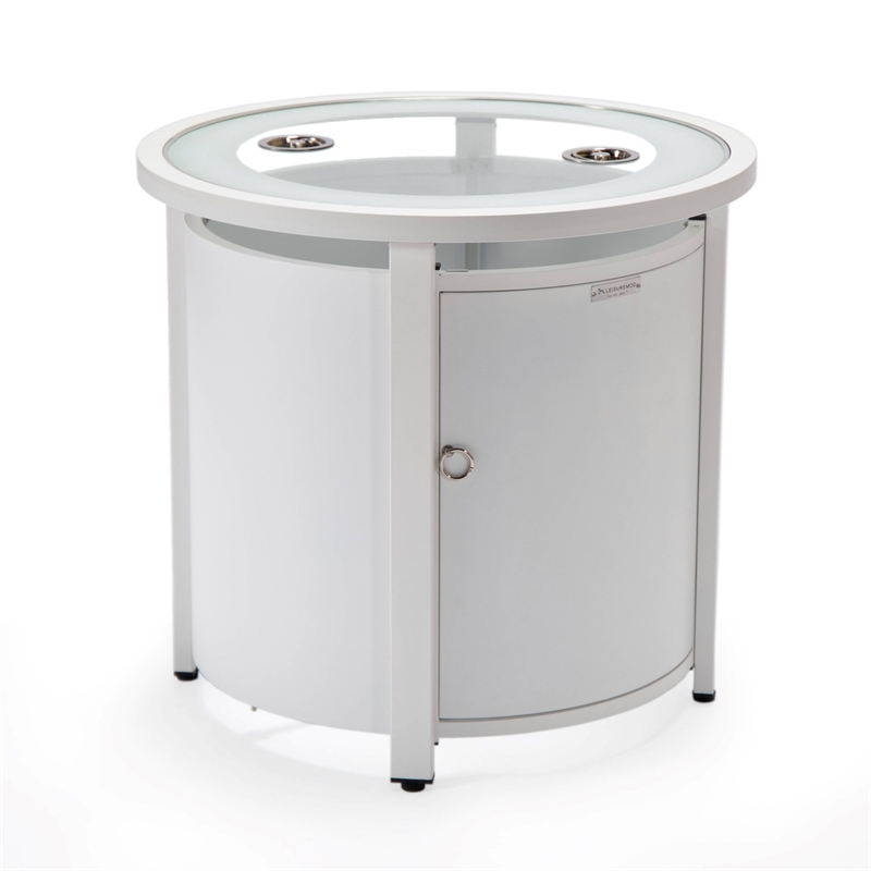LeisureMod Walbrooke Round Patio Aluminum Fire Pit Table and Tank Holder White