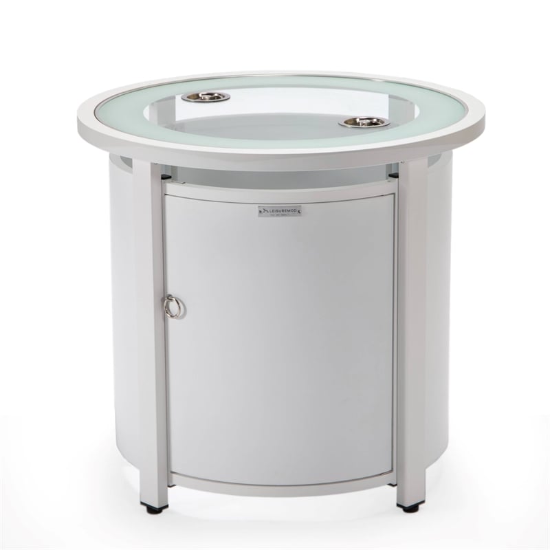 LeisureMod Walbrooke Round Patio Aluminum Fire Pit Table and Tank Holder White