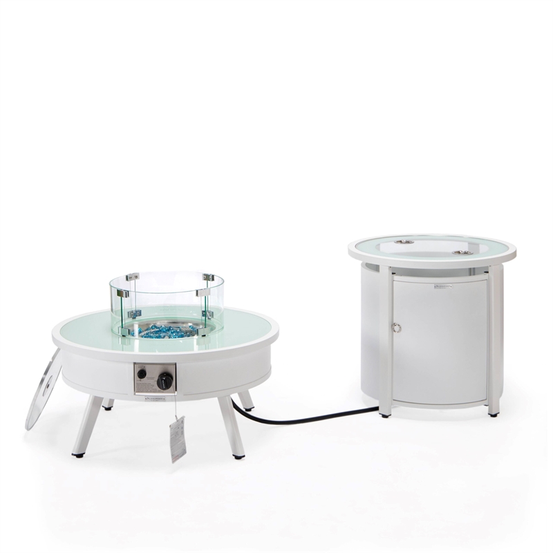 LeisureMod Walbrooke Round Patio Aluminum Fire Pit Table and Tank Holder White