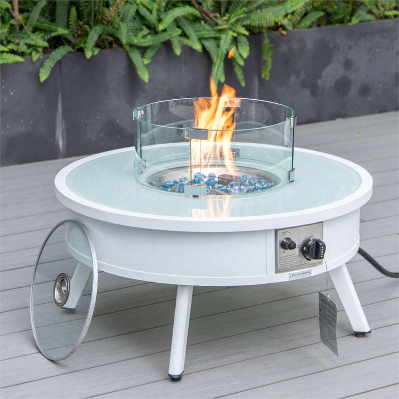 LeisureMod Walbrooke Round Patio Aluminum Fire Pit Table and Tank Holder White