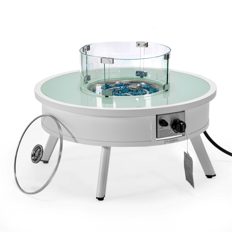LeisureMod Walbrooke Round Patio Aluminum Fire Pit Table and Tank Holder White