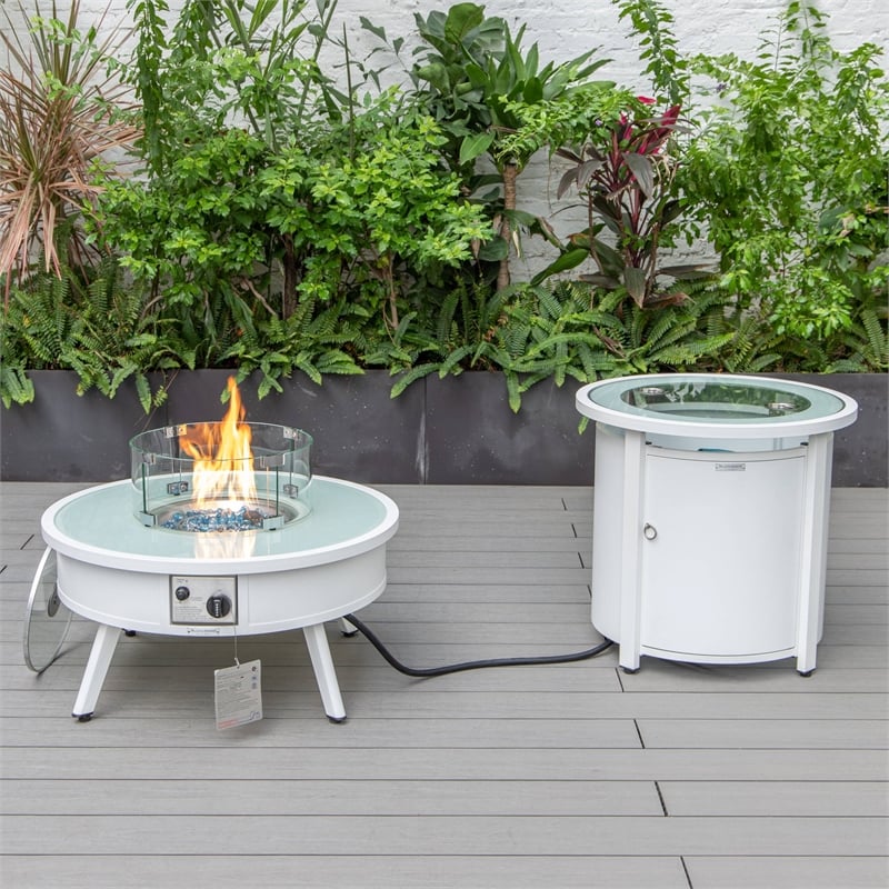 LeisureMod Walbrooke Round Patio Aluminum Fire Pit Table and Tank Holder White