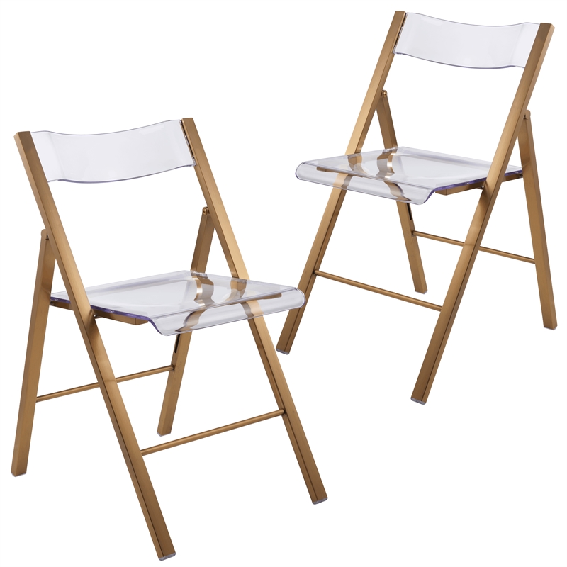 LeisureMod Menno Folding Stainless Steel Dining Chair in Gold/Clear (Set of 2)