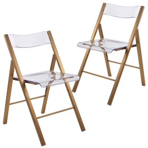 LeisureMod Menno Folding Stainless Steel Dining Chair in Gold/Clear (Set of 2)