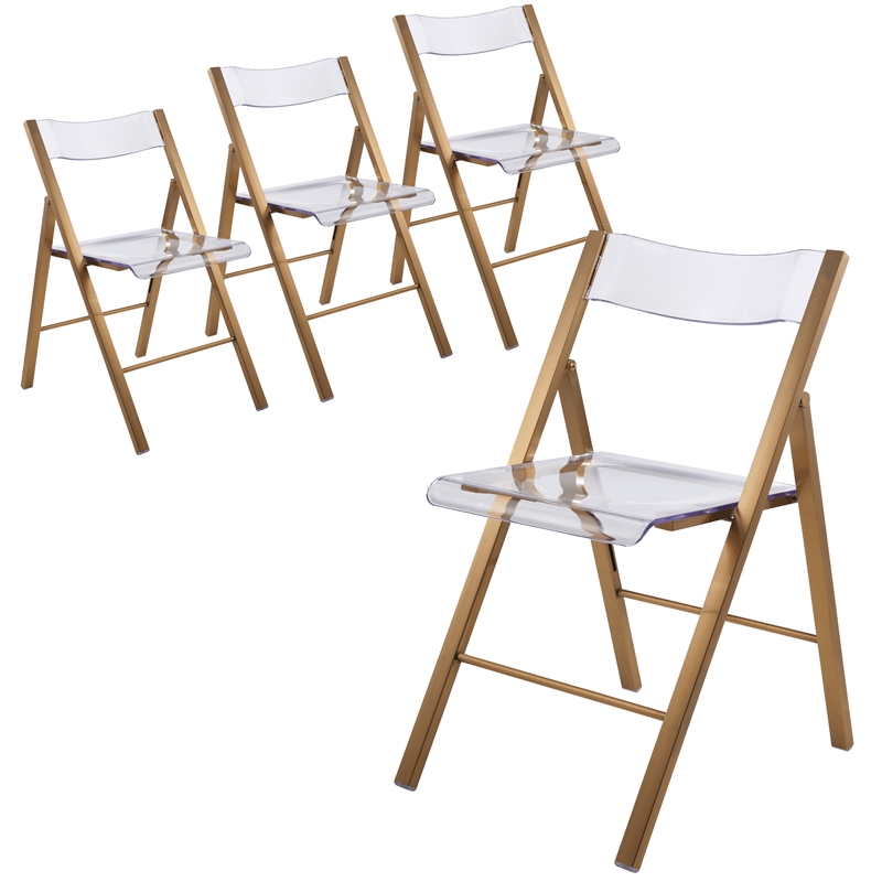 LeisureMod Menno Folding Stainless Steel Dining Chair in Gold/Clear (Set of 4)