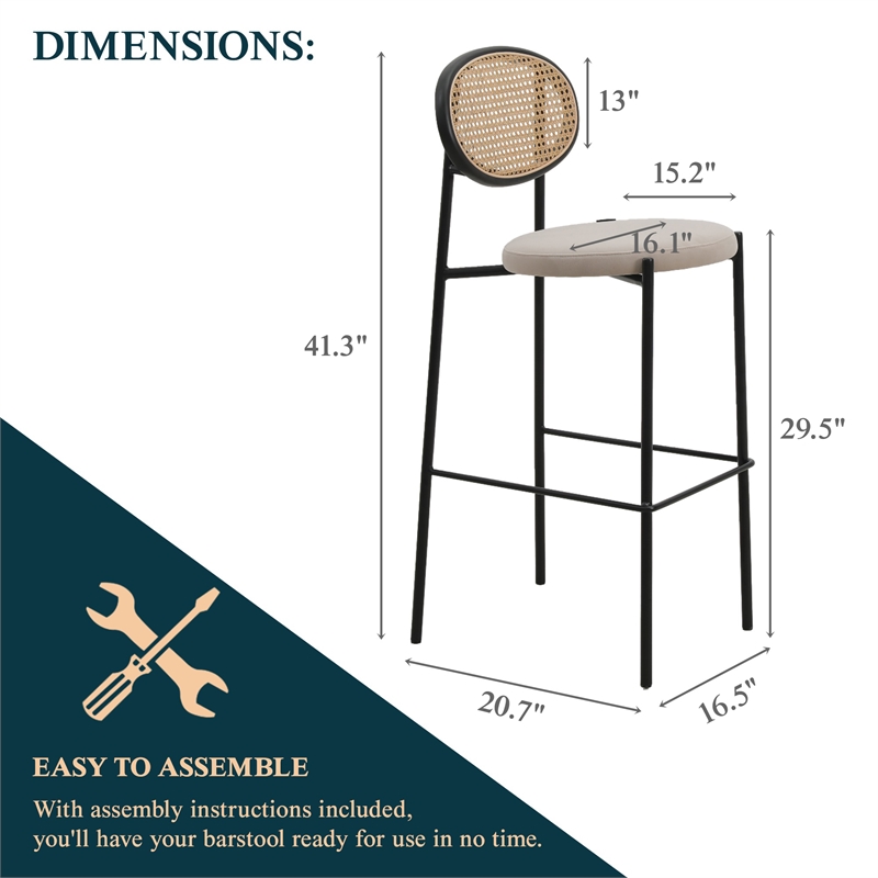 LeisureMod Euston Wicker Bar Stool with Black Metal Frame Set of 2 Beige