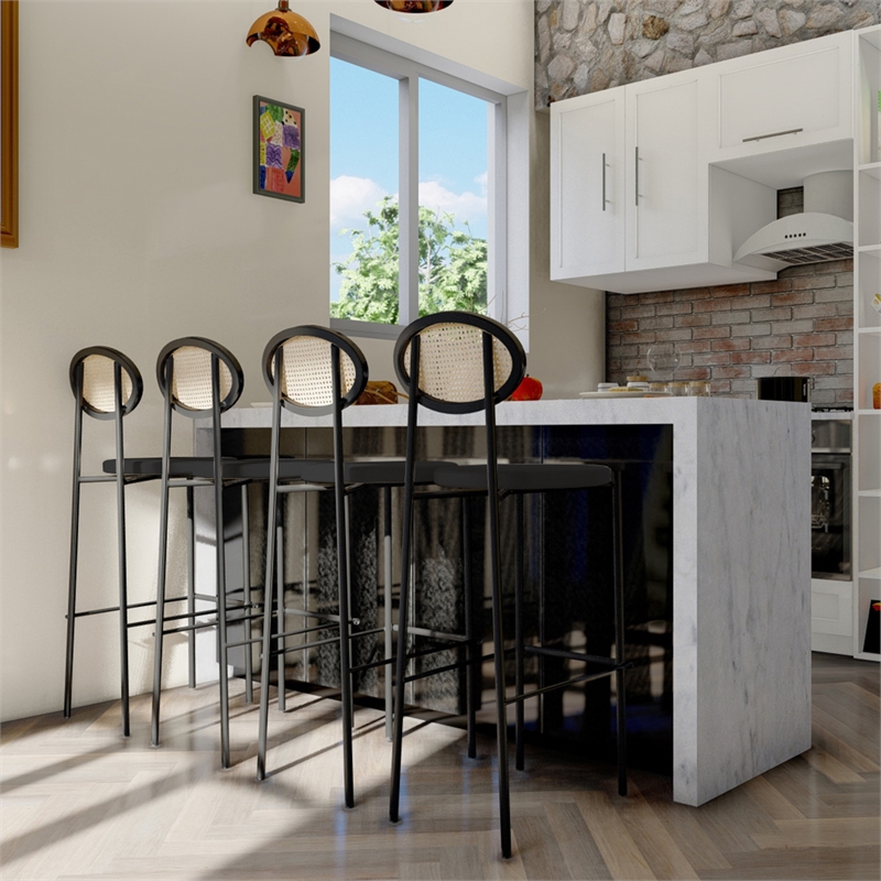 LeisureMod Euston Wicker Bar Stool with Black Metal Frame Set of 2 Black