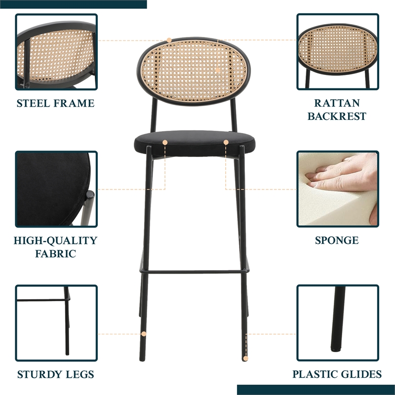 LeisureMod Euston Wicker Bar Stool with Black Metal Frame Set of 2 Black