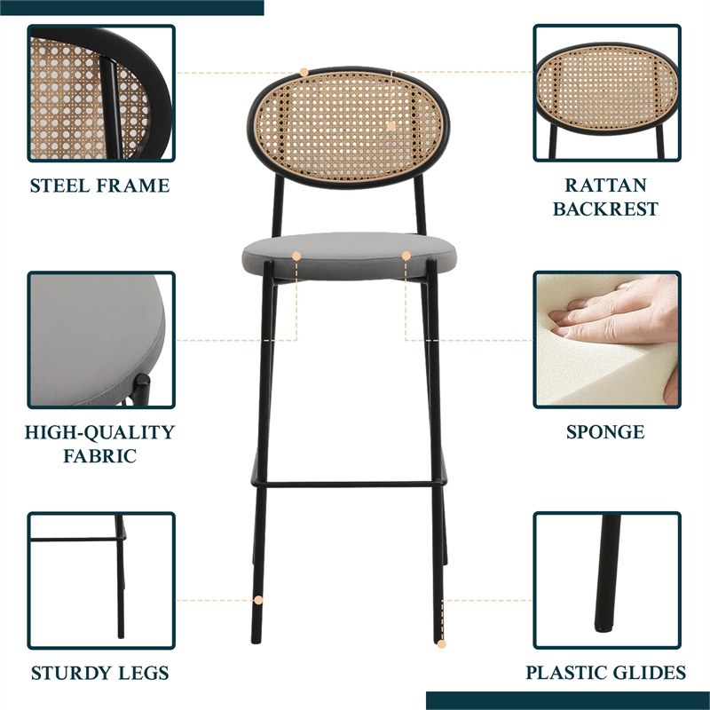 LeisureMod Euston Wicker Bar Stool with Black Metal Frame Set of 2 Gray
