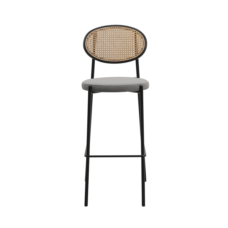 LeisureMod Euston Wicker Bar Stool with Black Metal Frame Set of 2 Gray