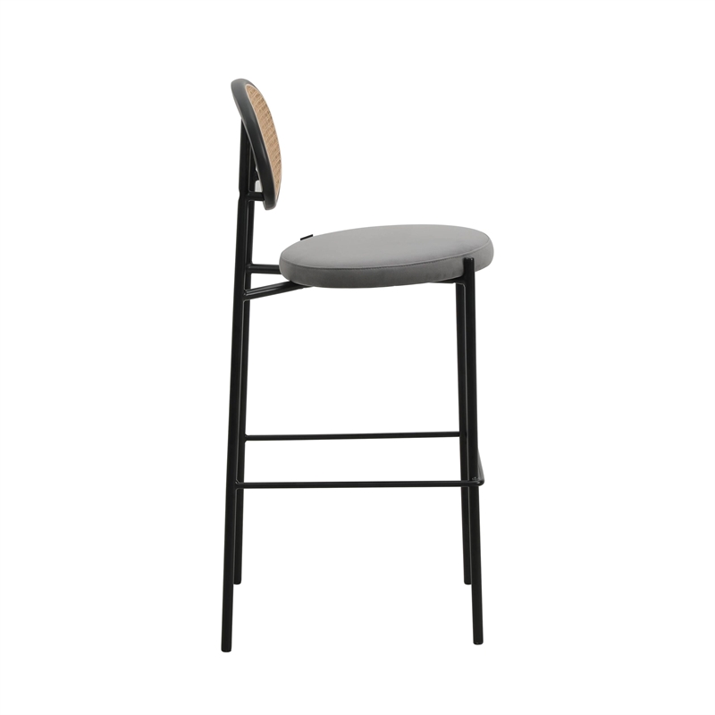 LeisureMod Euston Wicker Bar Stool with Black Metal Frame Set of 2 Gray
