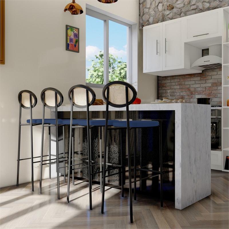 LeisureMod Euston Wicker Bar Stool with Black Metal Frame Set of 2 Navy Blue