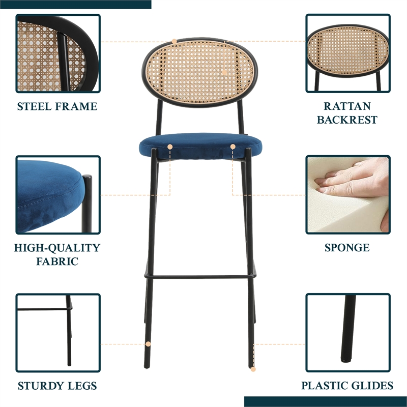 LeisureMod Euston Wicker Bar Stool with Black Metal Frame Set of 2 Navy Blue