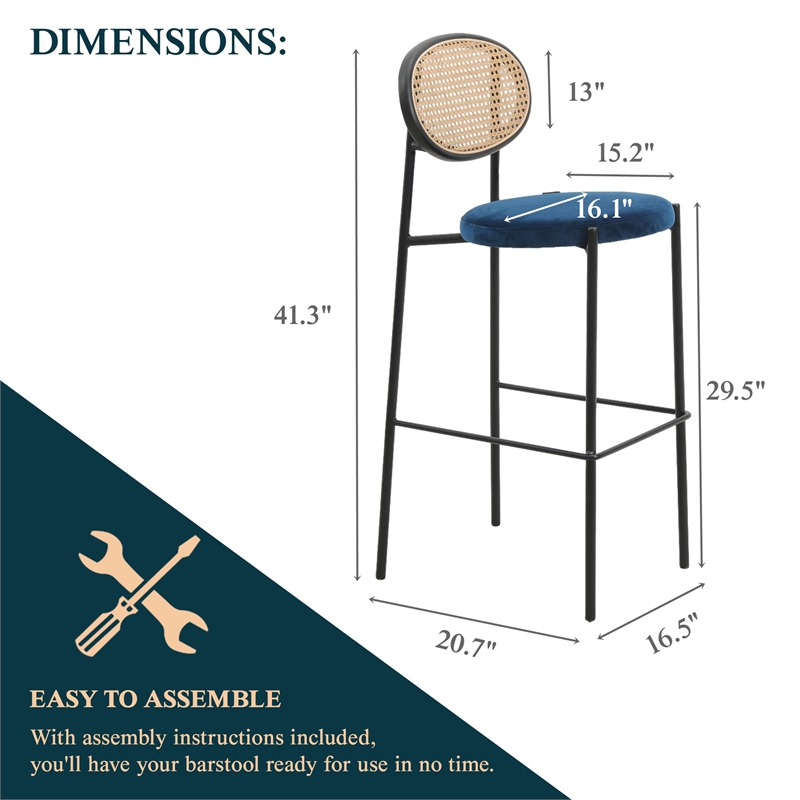 LeisureMod Euston Wicker Bar Stool with Black Metal Frame Set of 2 Navy Blue