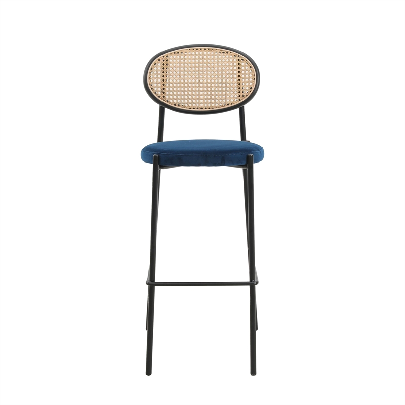 LeisureMod Euston Wicker Bar Stool with Black Metal Frame Set of 2 Navy Blue