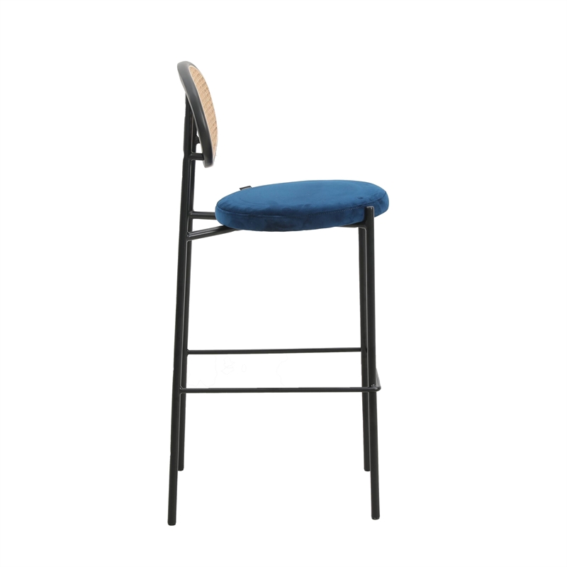LeisureMod Euston Wicker Bar Stool with Black Metal Frame Set of 2 Navy Blue