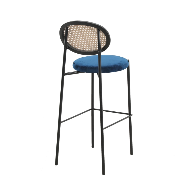 LeisureMod Euston Wicker Bar Stool with Black Metal Frame Set of 2 Navy Blue