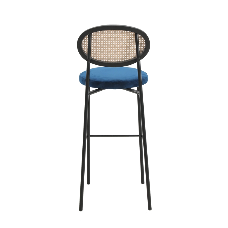 LeisureMod Euston Wicker Bar Stool with Black Metal Frame Set of 2 Navy Blue