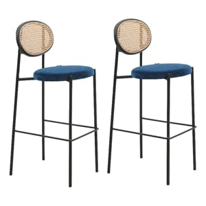 LeisureMod Euston Wicker Bar Stool with Black Metal Frame Set of 2 Navy Blue