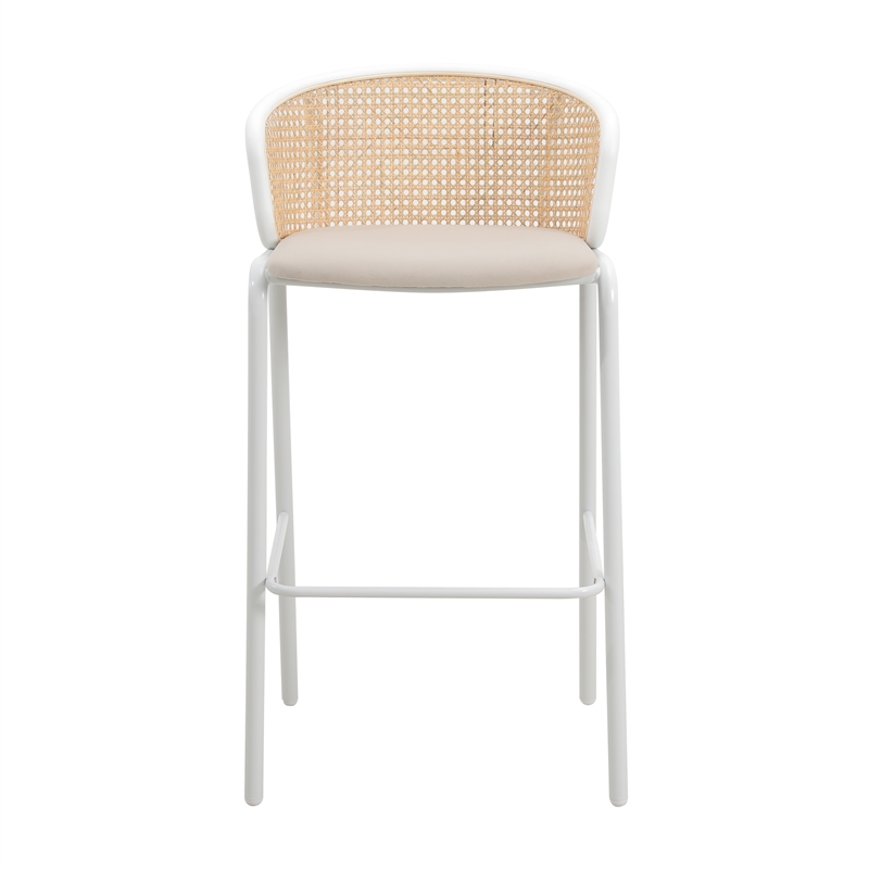 LeisureMod Ervilla Wicker Bar Stool with White Powder Coated Metal Frame Beige