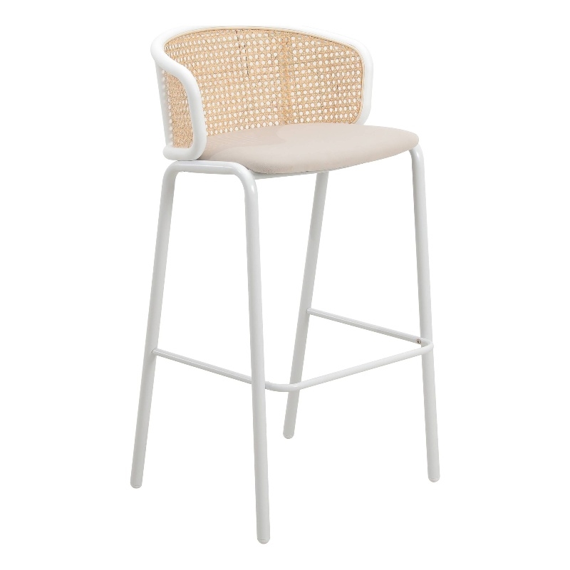 LeisureMod Ervilla Wicker Bar Stool with White Powder Coated Metal Frame Beige