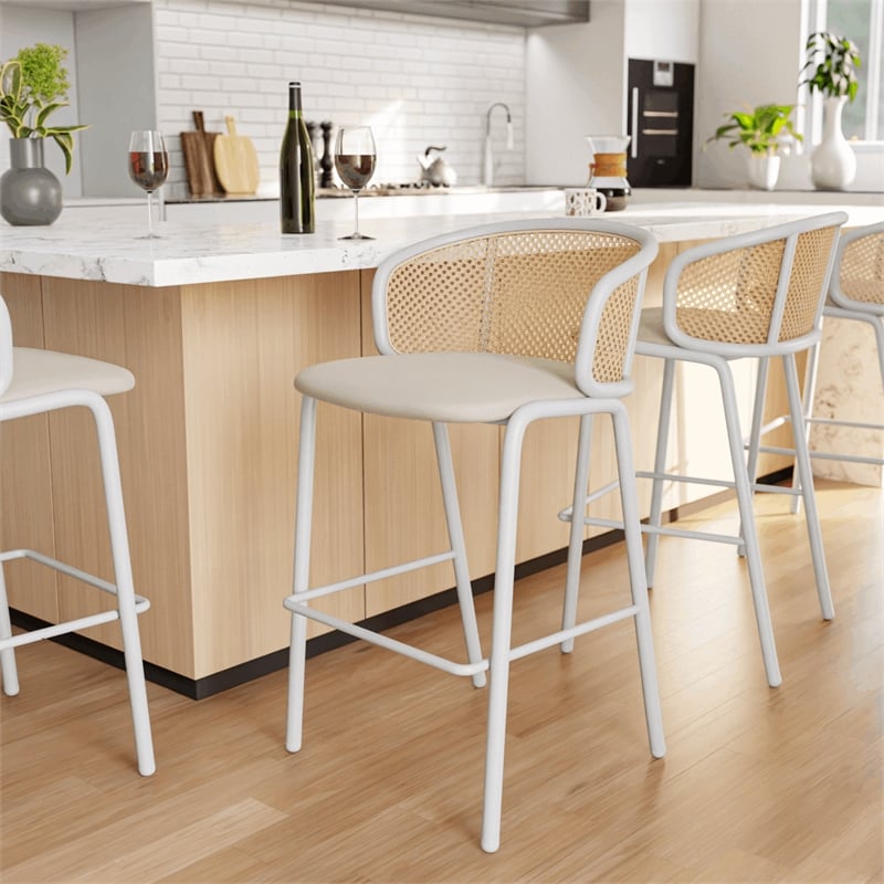 LeisureMod Ervilla Wicker Bar Stool with White Powder Coated Metal Frame Beige