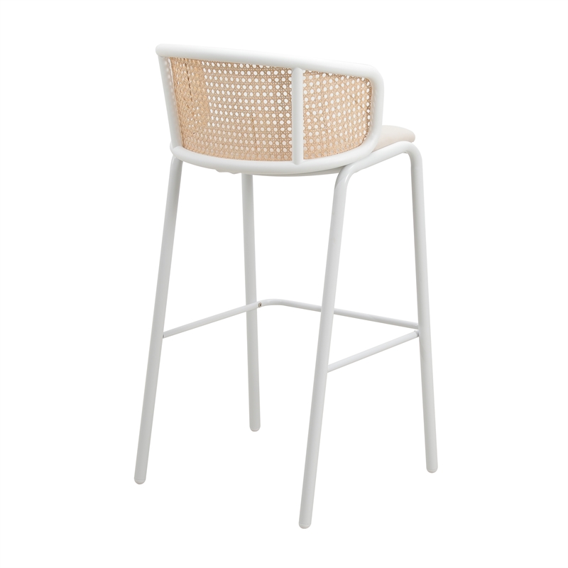 LeisureMod Ervilla Wicker Bar Stool with White Powder Coated Metal Frame Beige