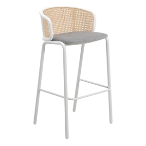 LeisureMod Ervilla Wicker Bar Stool with White Powder Coated Metal Frame Gray