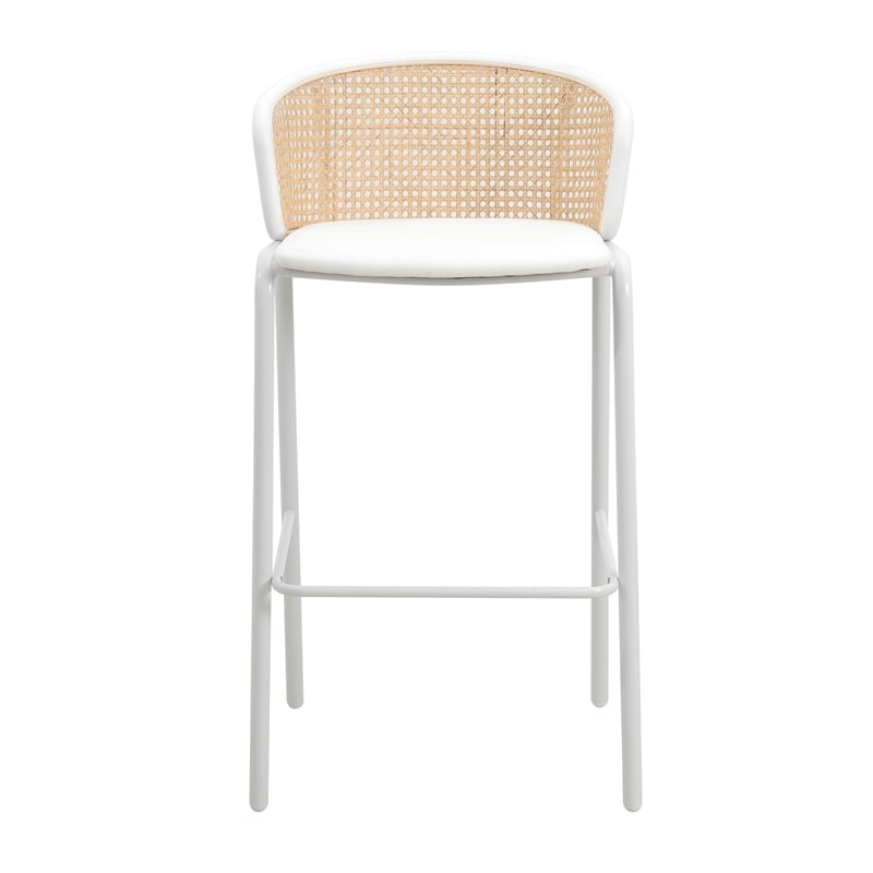 LeisureMod Ervilla Wicker Bar Stool with White Powder Coated Metal Frame White