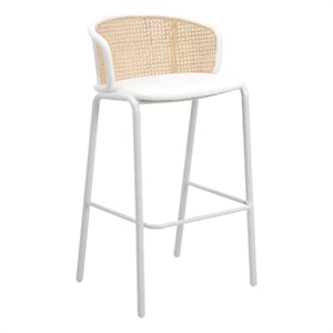 LeisureMod Ervilla Wicker Bar Stool with White Powder Coated Metal Frame White