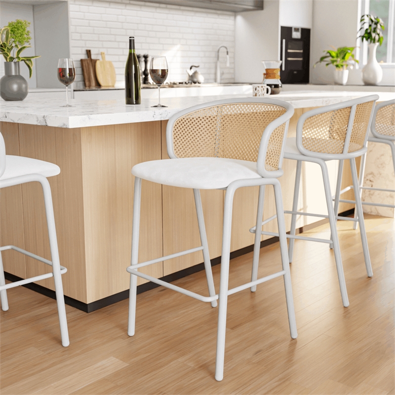 LeisureMod Ervilla Wicker Bar Stool with White Powder Coated Metal Frame White