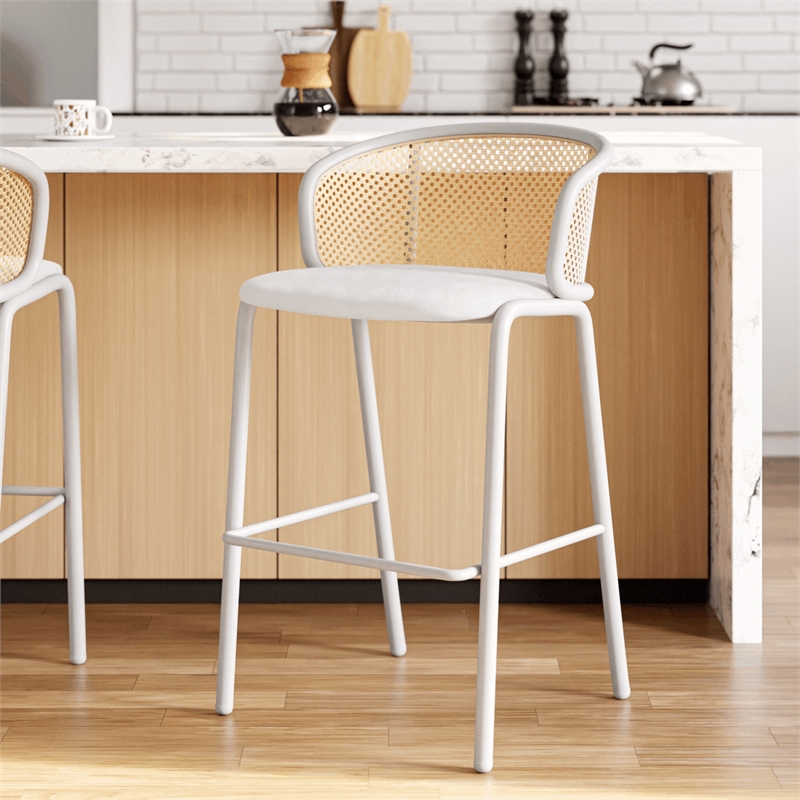 LeisureMod Ervilla Wicker Bar Stool with White Powder Coated Metal Frame White