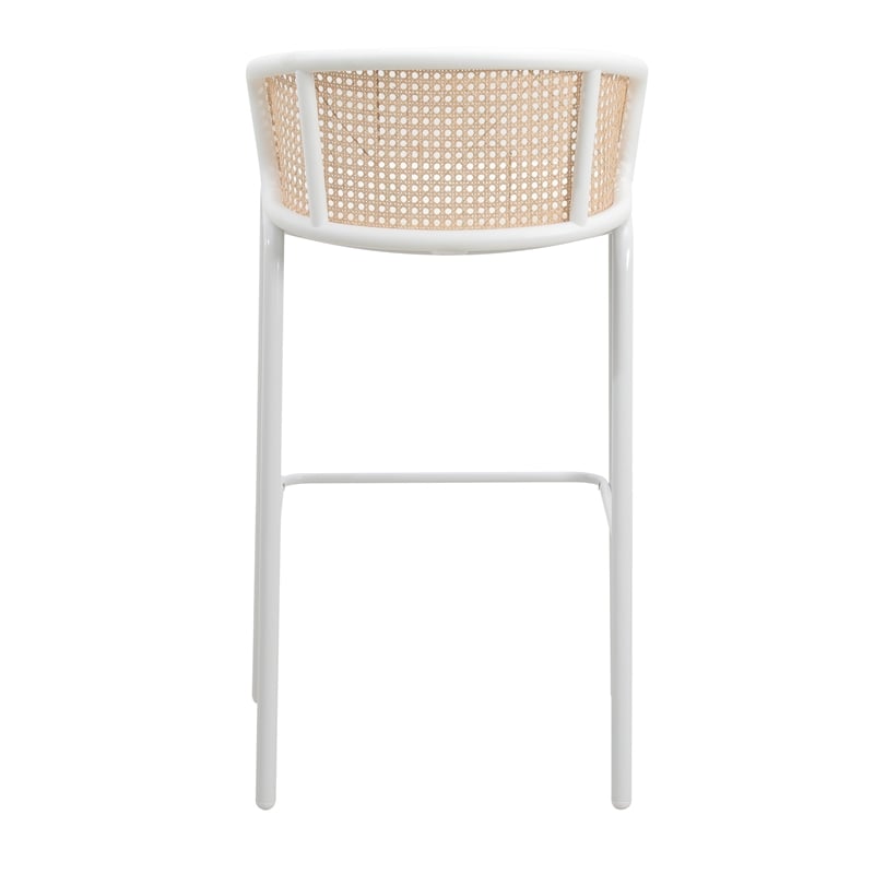 LeisureMod Ervilla Wicker Bar Stool with White Powder Coated Metal Frame White