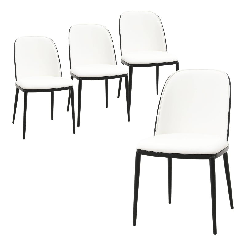 LeisureMod Tule Dining Chair with Leather Seat Set of 4 Black/White