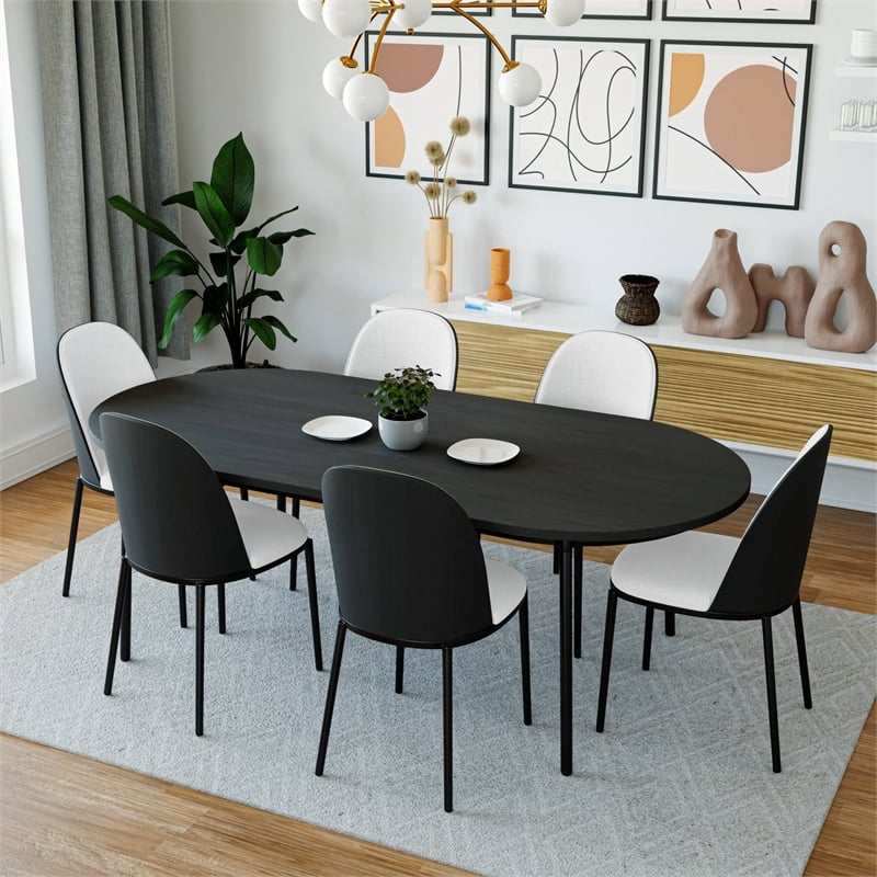 LeisureMod Tule Dining Chair with Leather Seat Set of 4 Black/White
