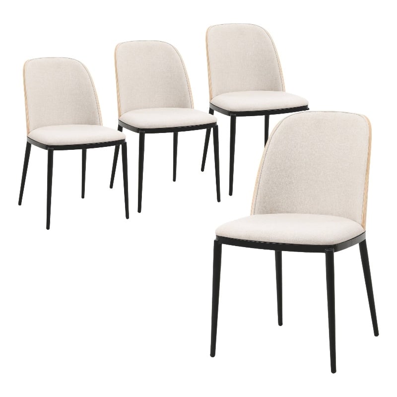 LeisureMod Tule Dining Chair with Velvet Seat Set of 4 Natural Wood/Beige