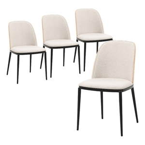LeisureMod Tule Dining Chair with Velvet Seat Set of 4 Natural Wood/Beige