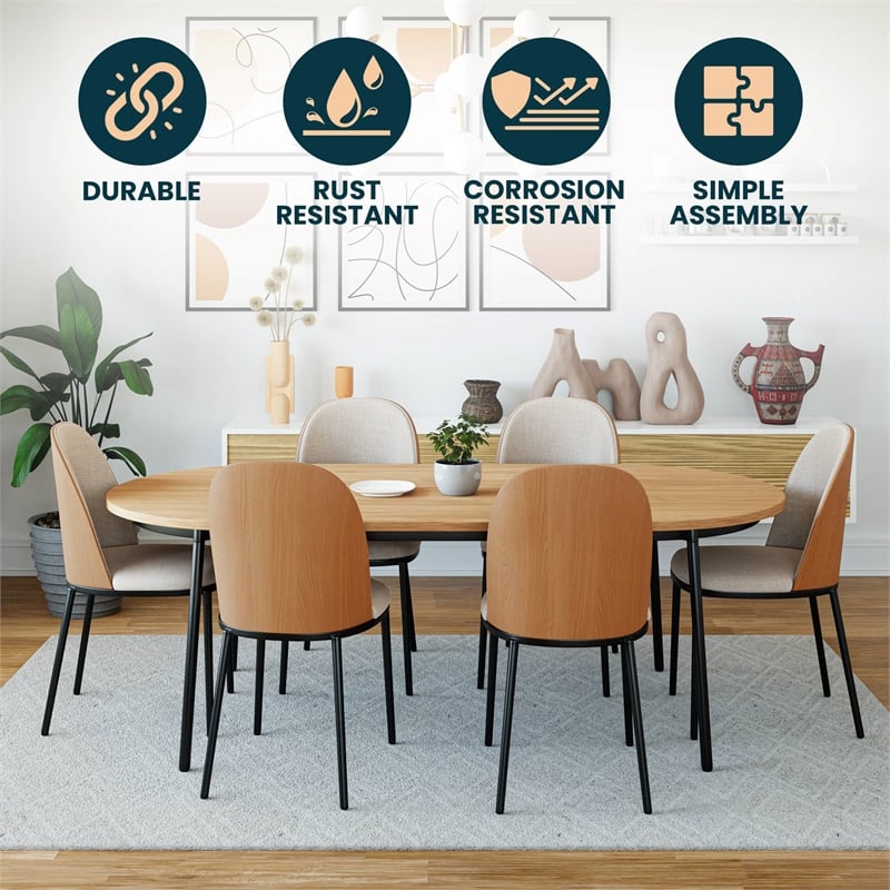 LeisureMod Tule Dining Chair with Velvet Seat Set of 4 Natural Wood/Beige