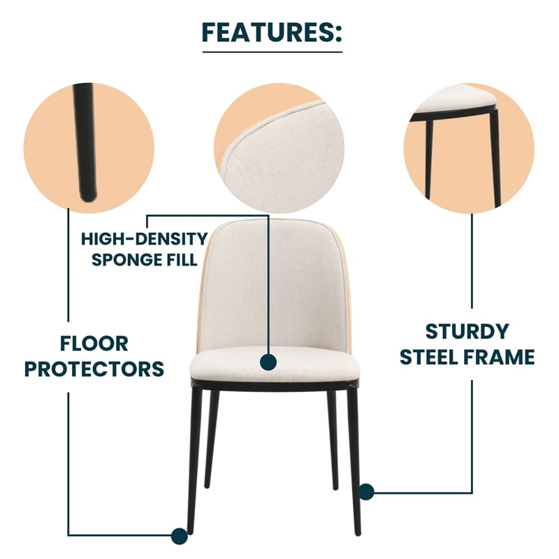 LeisureMod Tule Dining Chair with Velvet Seat Set of 4 Natural Wood/Beige