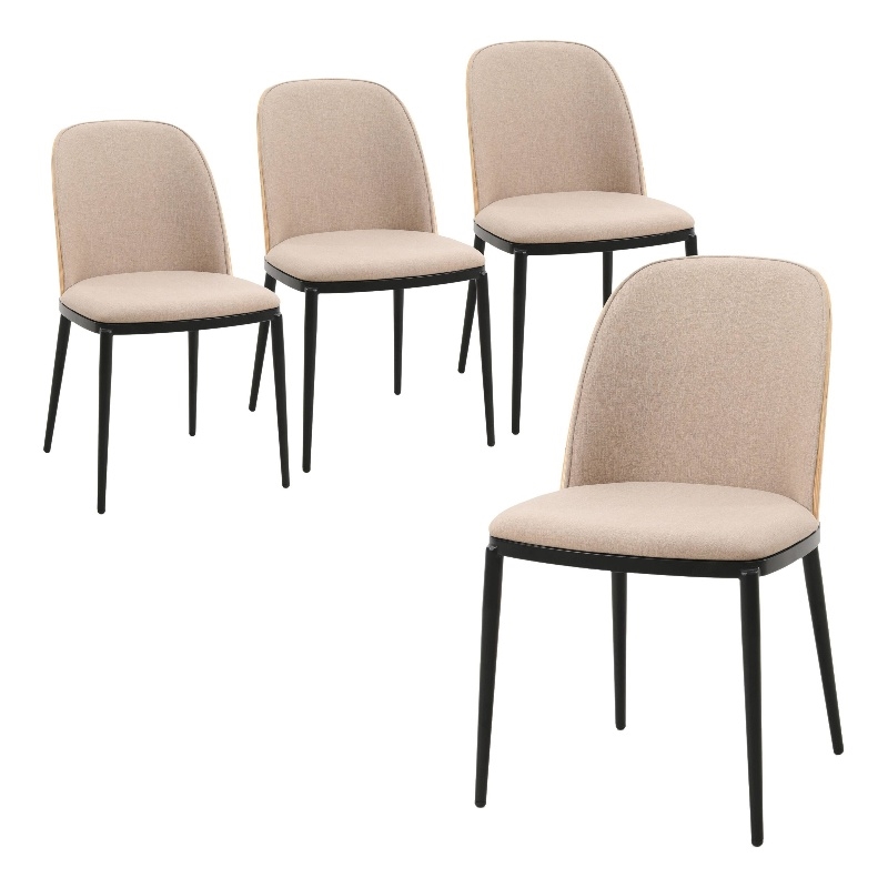 LeisureMod Tule Dining Chair with Velvet Seat Set of 4 Natural Wood/Brown