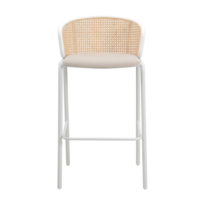 LeisureMod Ervilla Bar Stool with White Powder Coated Metal Frame Set of 2 Beige