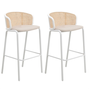 LeisureMod Ervilla Bar Stool with White Powder Coated Metal Frame Set of 2 Beige