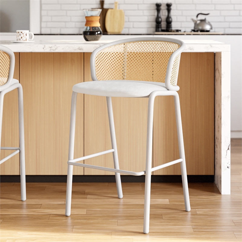 LeisureMod Ervilla Bar Stool with White Powder Coated Metal Frame Set of 2 White