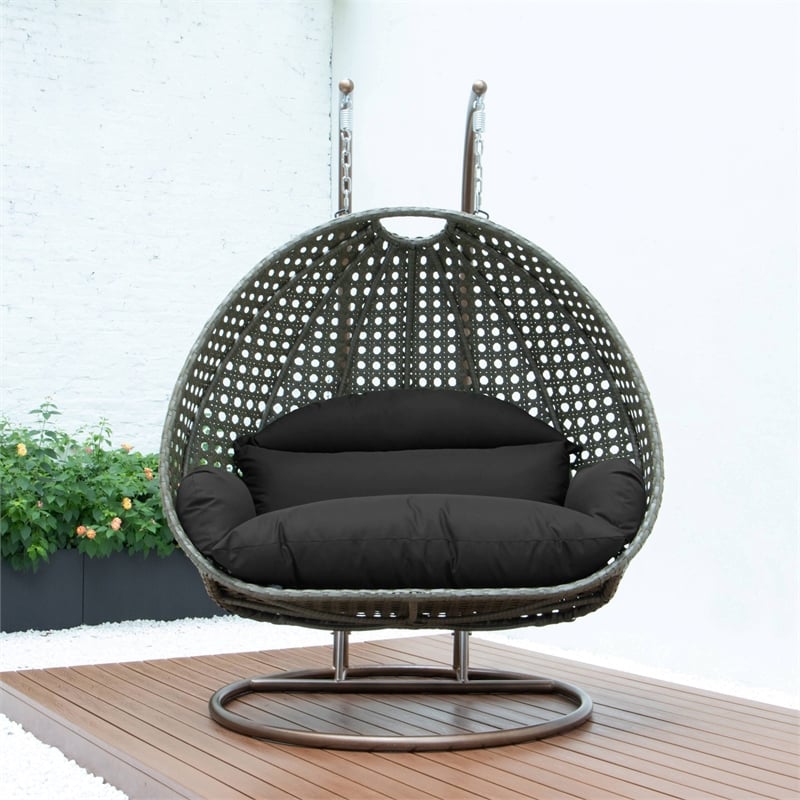 LeisureMod Outdoor Beige Wicker Hanging Double Egg Swing Chair in Black