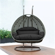 LeisureMod Outdoor Beige Wicker Hanging Double Egg Swing Chair in Black