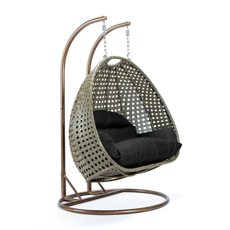 LeisureMod Outdoor Beige Wicker Hanging Double Egg Swing Chair in Black