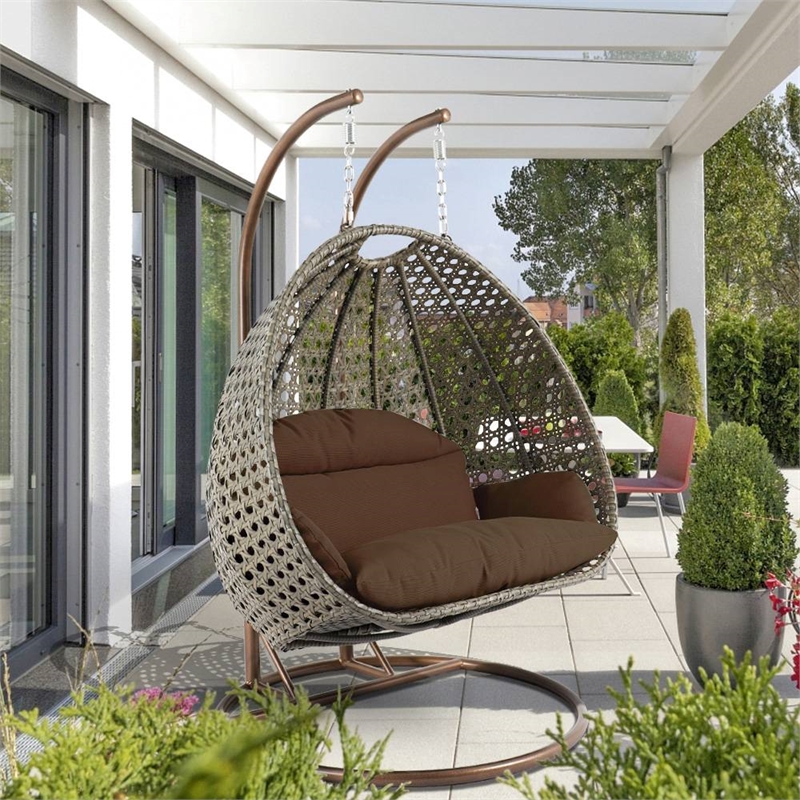 LeisureMod Outdoor Beige Wicker Hanging Double Egg Swing Chair in Brown