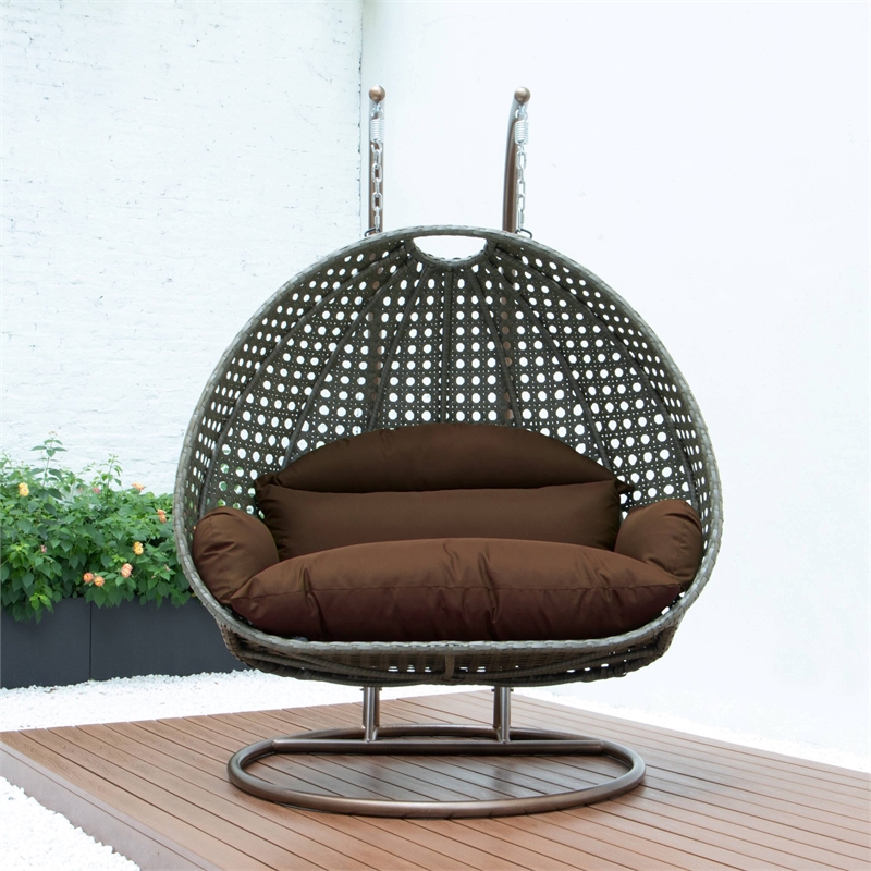 LeisureMod Outdoor Beige Wicker Hanging Double Egg Swing Chair in Brown